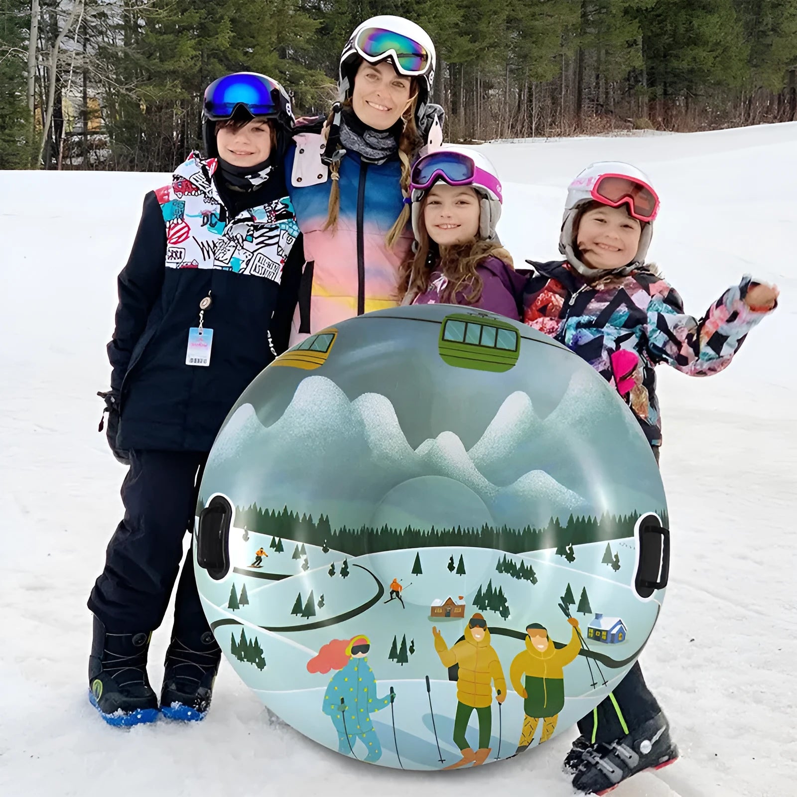 PVC winter ski ring toy with creative printed design showing winter sports imagery