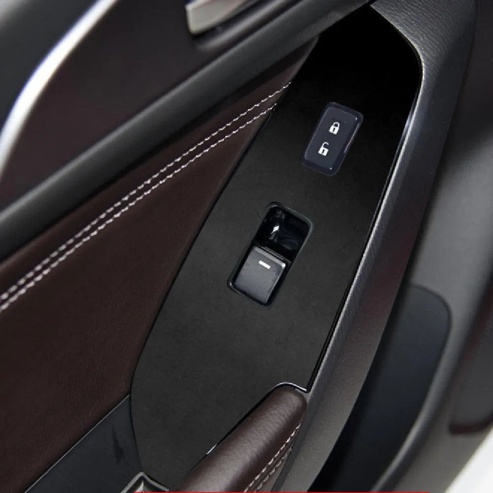 Set of four TPU protective films for car door control panel glass switches, shown in transparent and black finishes.