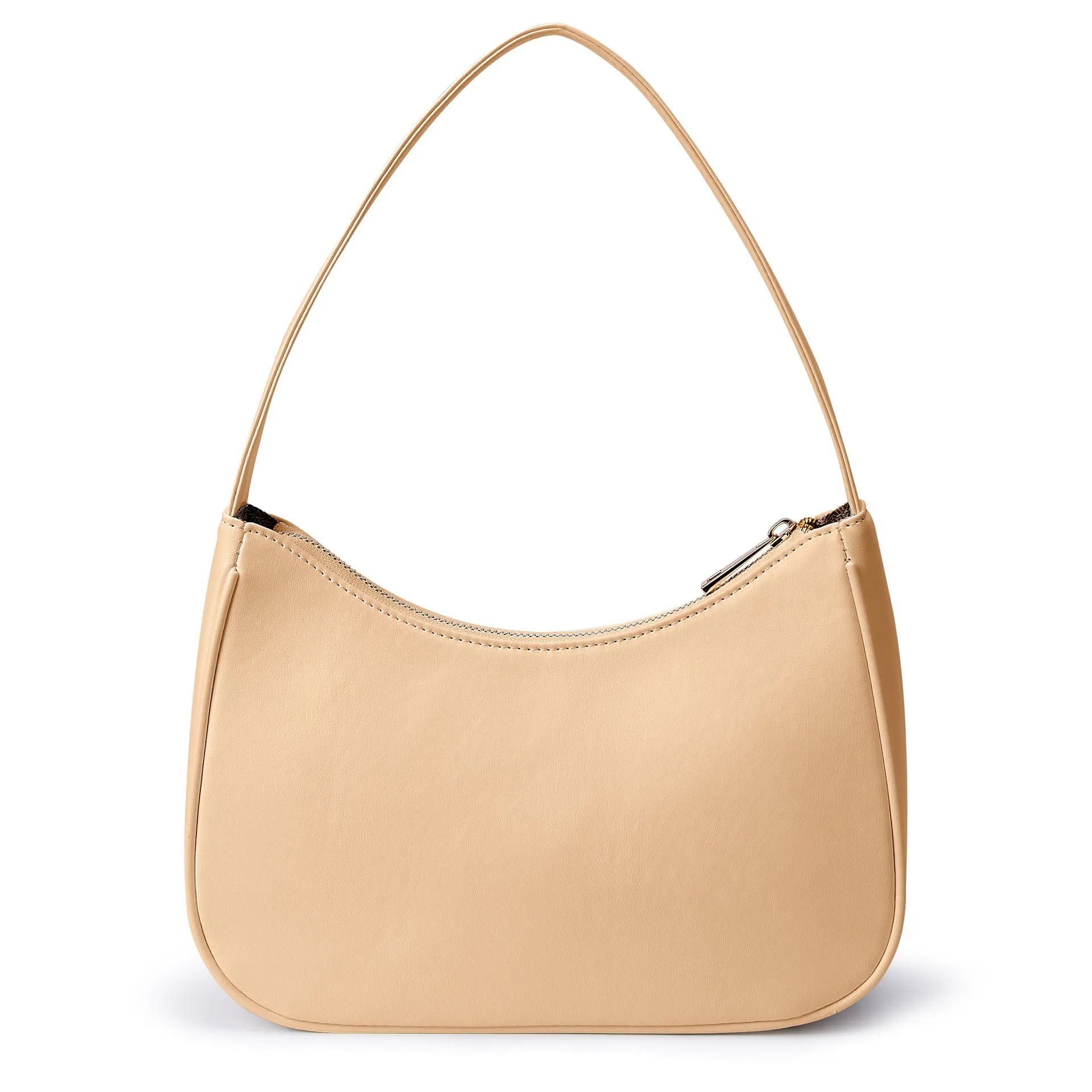 Simple retro-style waterproof PU shoulder bag shown in apricot colour with an adjustable shoulder strap.