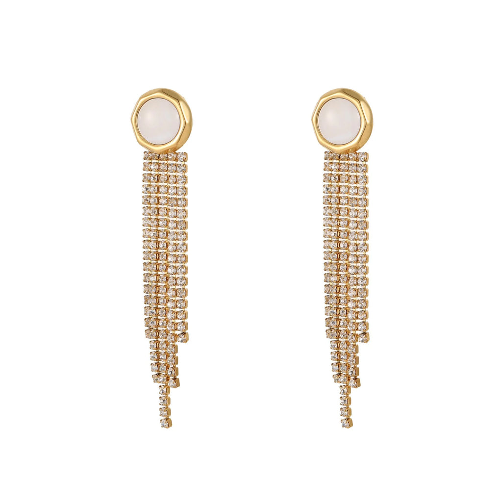 Gold electroplated stainless steel fashion earrings with heart, star, and geometric tassel design.