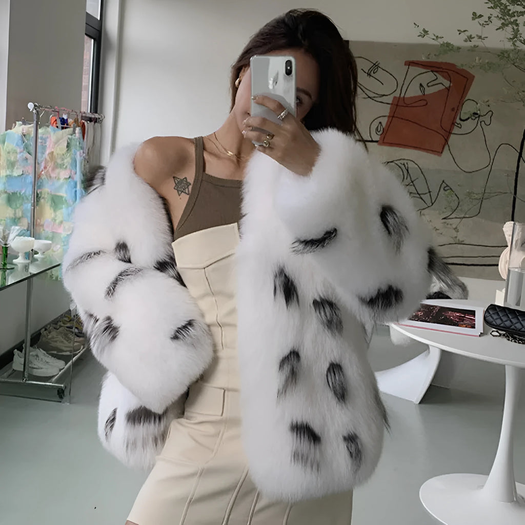 Black and white raccoon pattern faux fur coat on a model, short length, plus size Korean street fashion style.