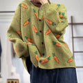 Loose viscose cardigan sweater with mori artistic printing in colour contrast pattern, round neck and regular sleeves