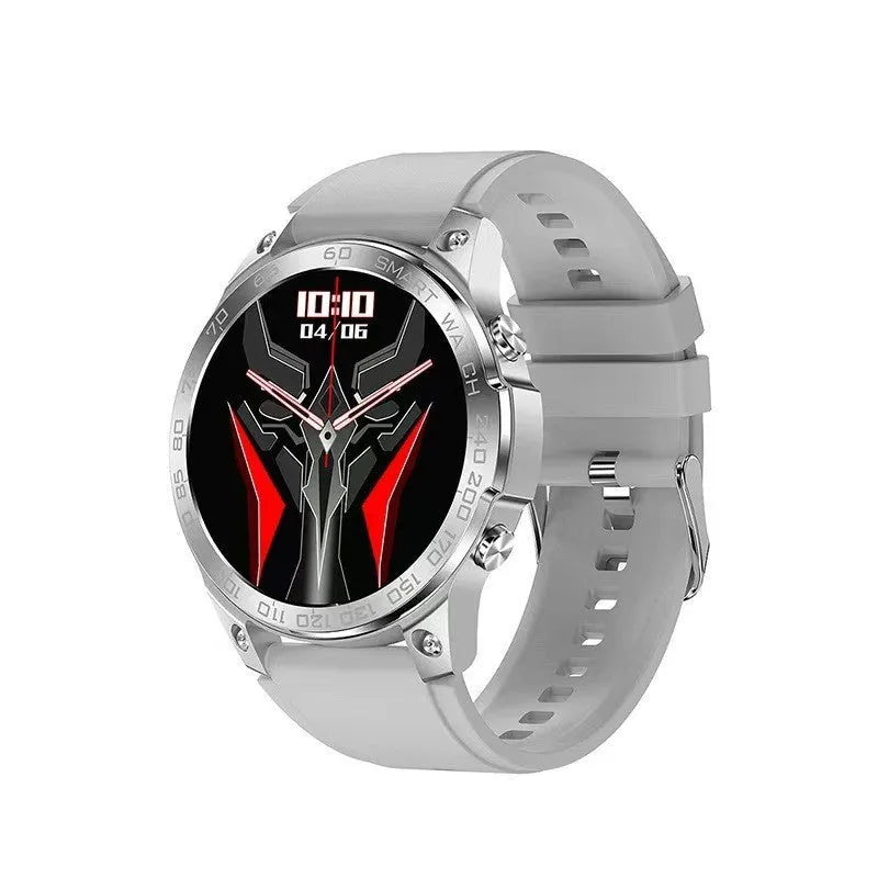Black Bluetooth sports watch with round AMOLED screen and silicone strap on a wrist