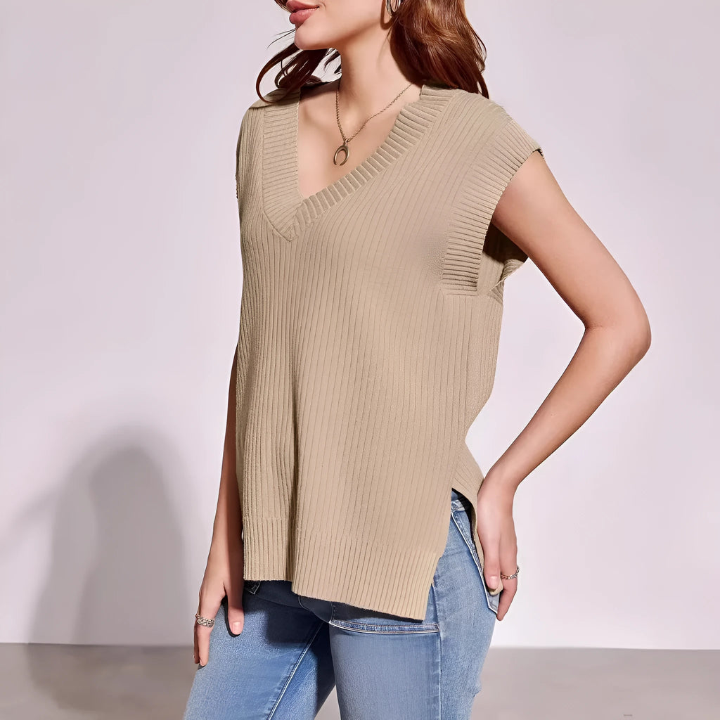 Women's camel coloured V-neck sleeveless vest with loose fitting viscose fabric
