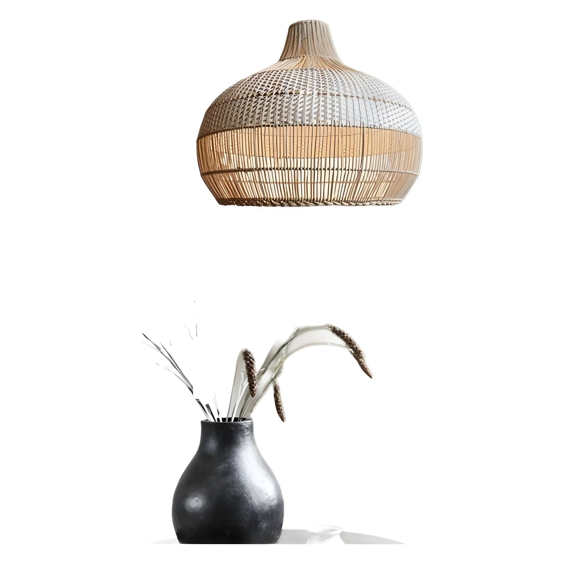 Close-up of a 60cm wide natural rattan wicker chandelier with a silent wind design.