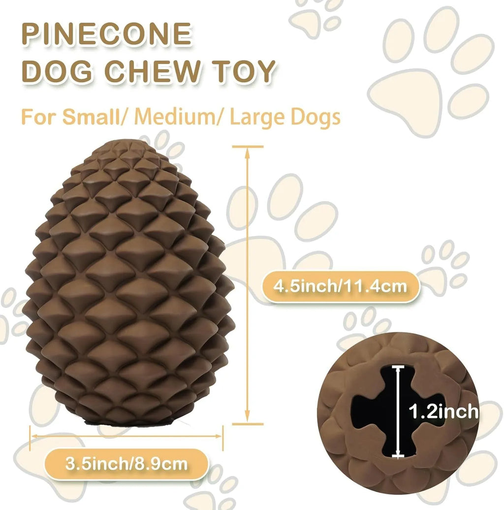 Yellow pine cone shaped natural rubber dog chew toy with treat dispenser for medium large dogs