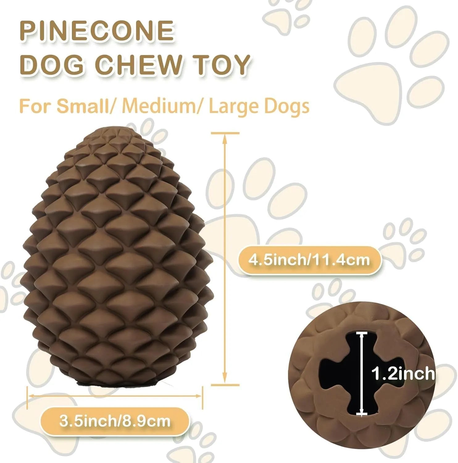 Yellow pine cone shaped natural rubber dog chew toy with treat dispenser for medium large dogs