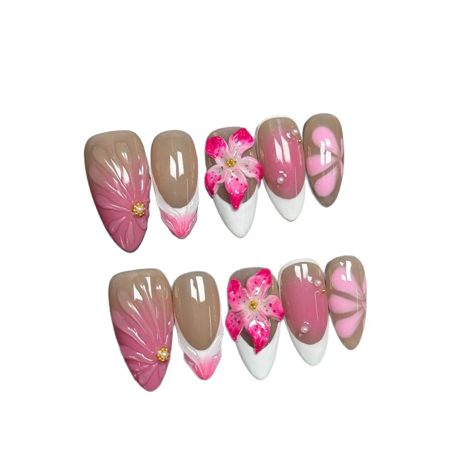 French style lily fluid ice flower manicure artificial nails with three-dimensional floral design