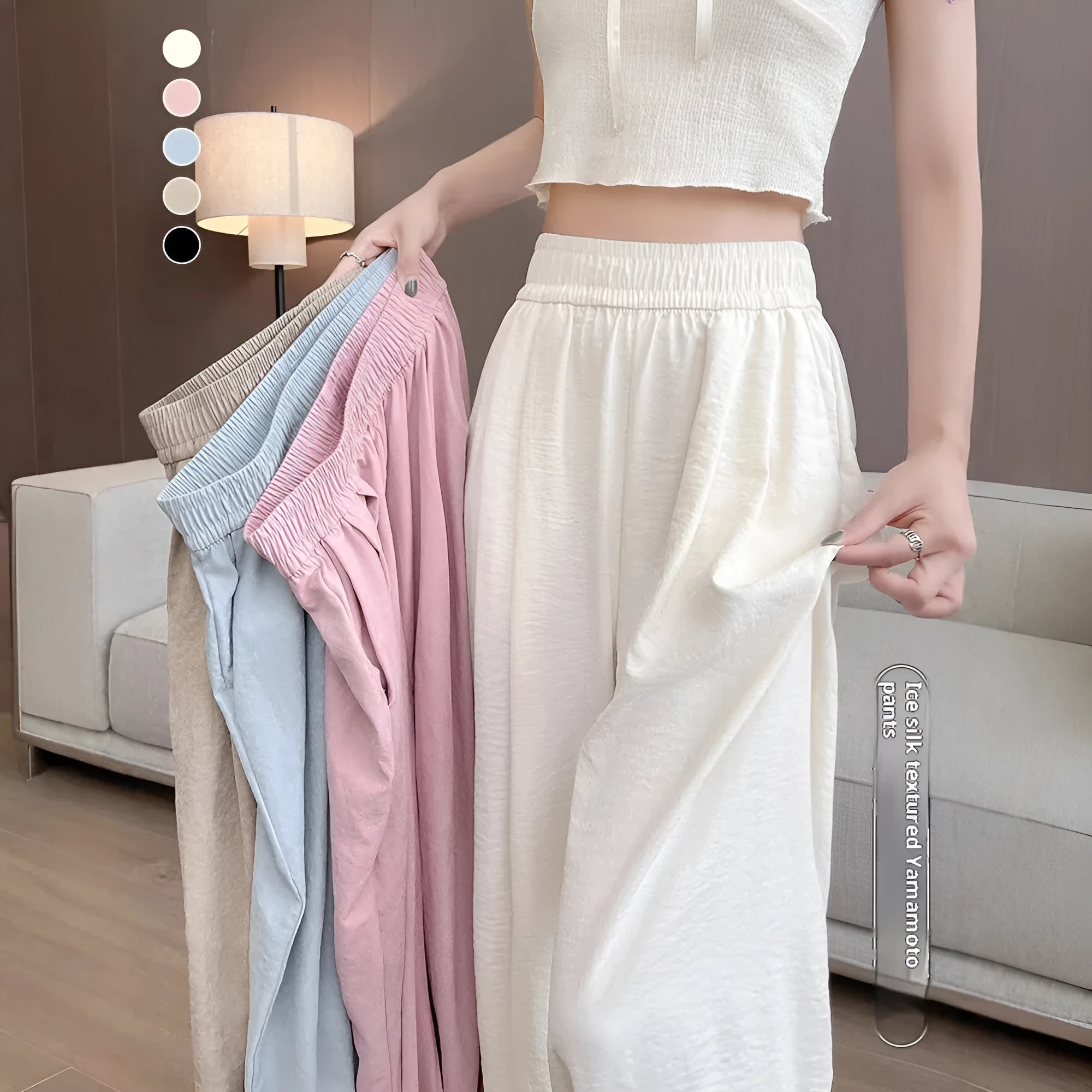 Casual high waist wide leg trousers in milky white, pleated front, loose fit design for women