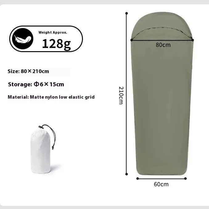 Blue mummy-type nylon camping sleeping bag for adults, laid out flat showing its tapered shape.