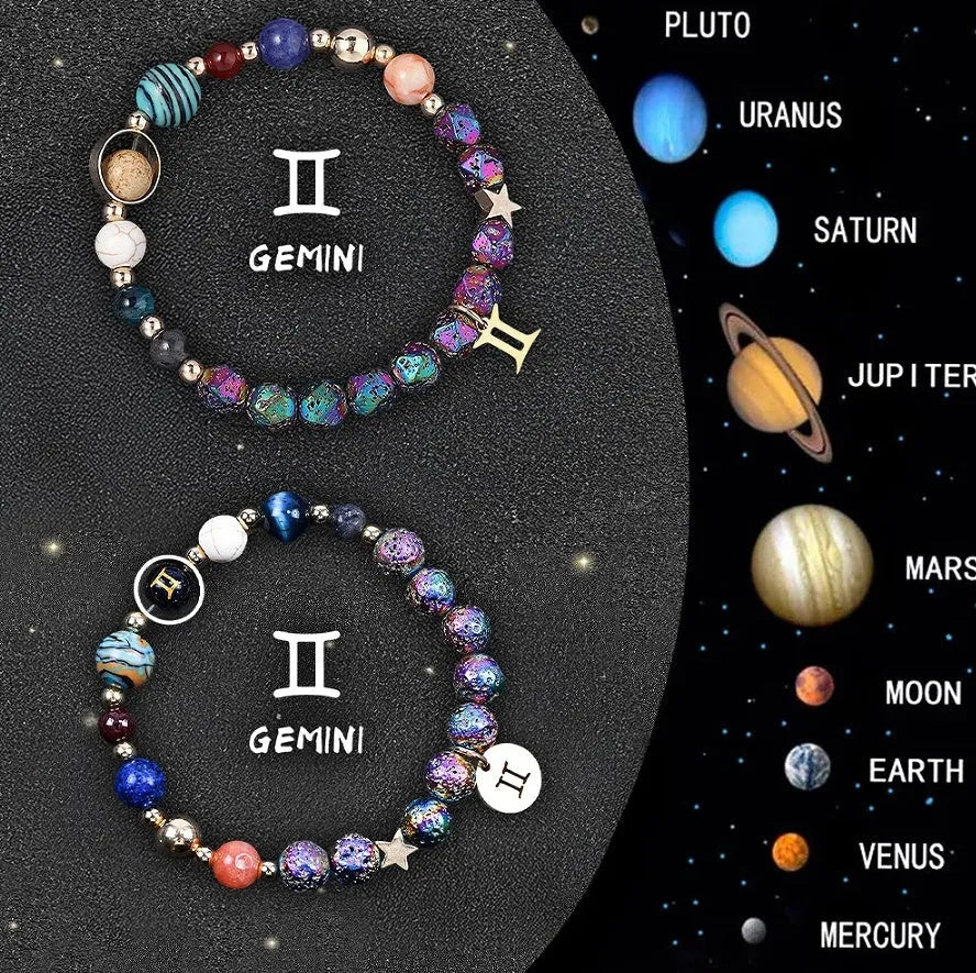 Two natural stone beaded bracelets laid out, each featuring designs for different zodiac signs.