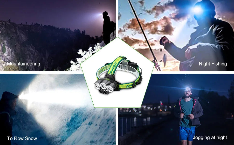 Yellow and black USB rechargeable head torch with 5 LED array and adjustable head strap.
