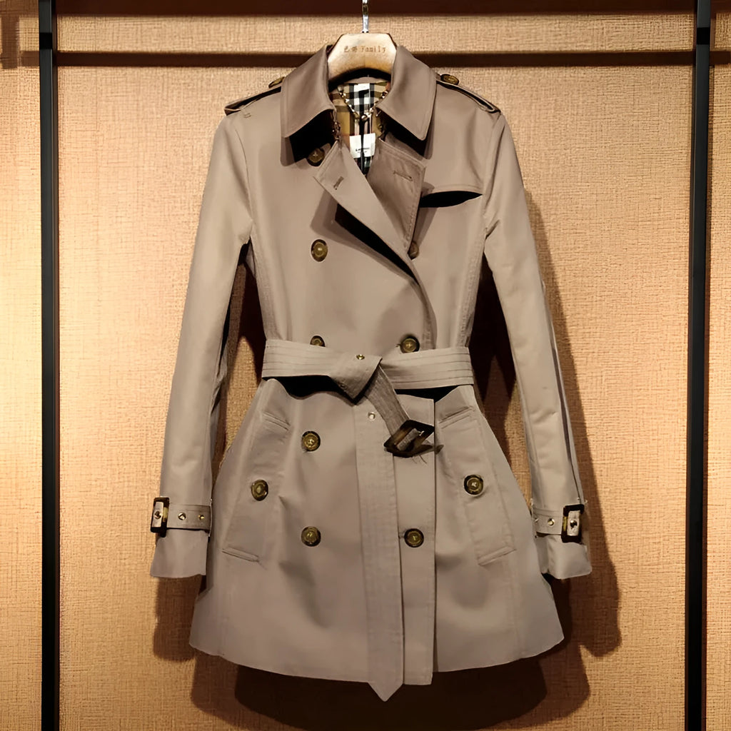 Khaki women's double-breasted trench coat with long flight sleeves, button front.