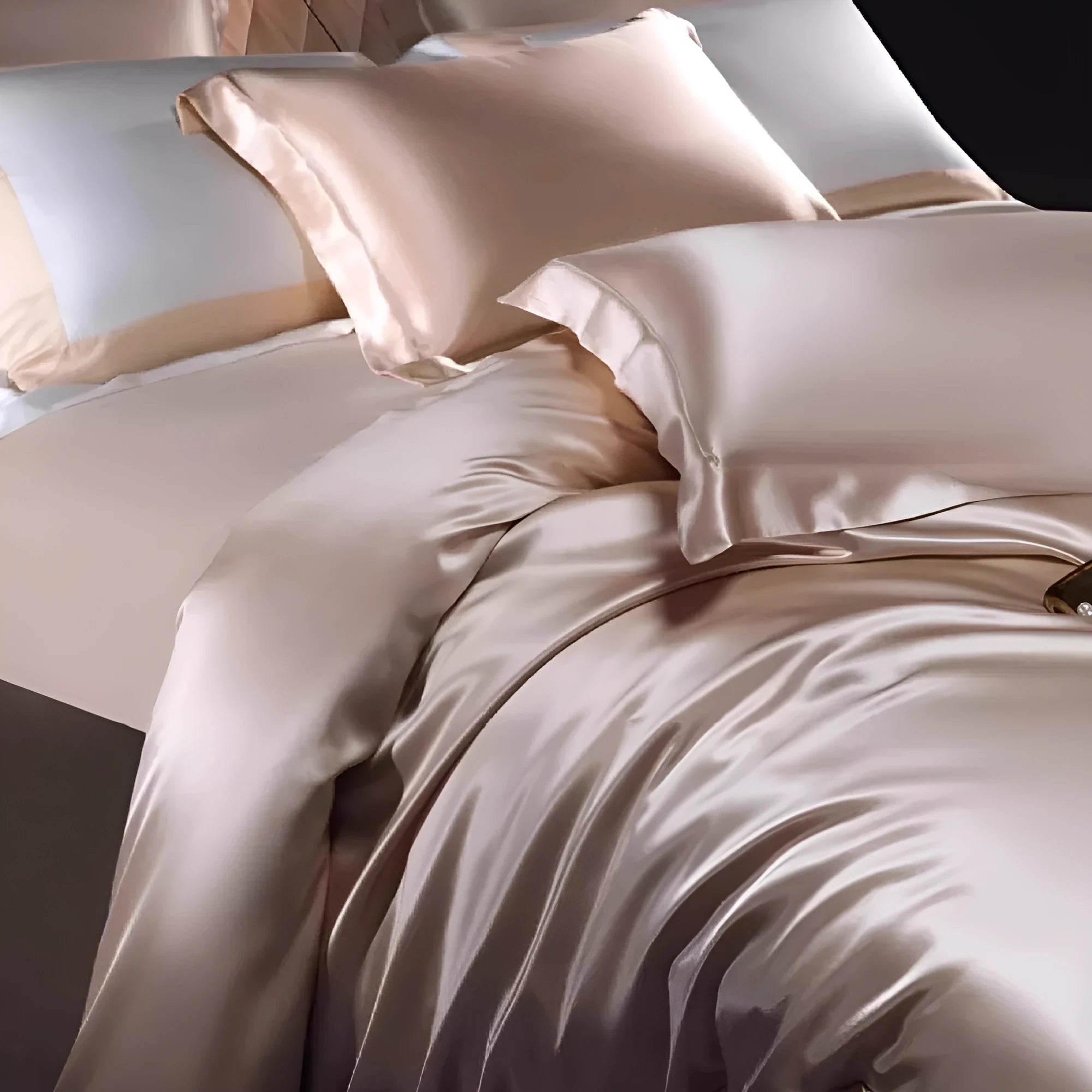 Silk four-piece quilt cover set in a solid colour, shown in a bedroom setting on a bed.