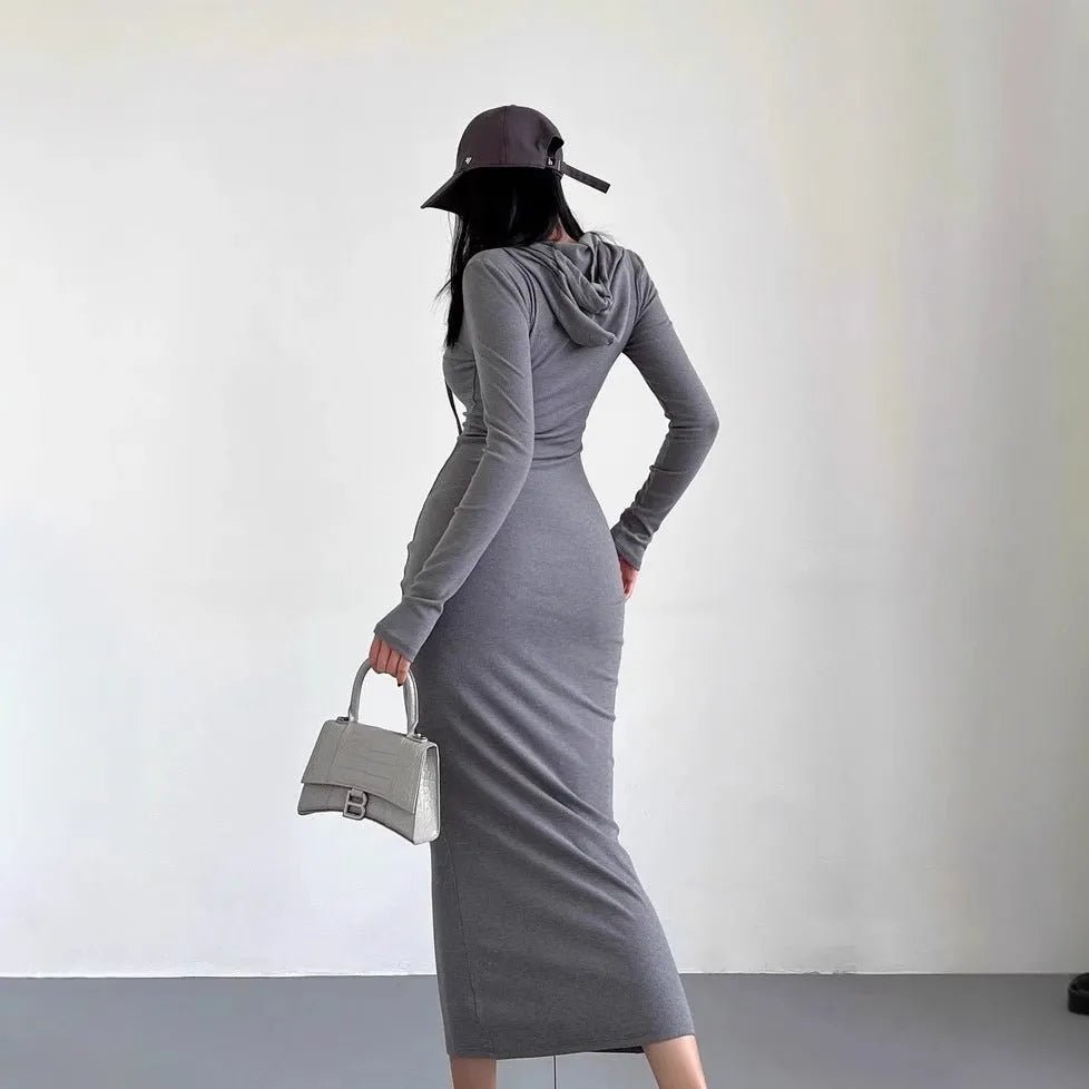 Women's long sleeve hooded sheath dress in grey with over-the-knee length and high waist.