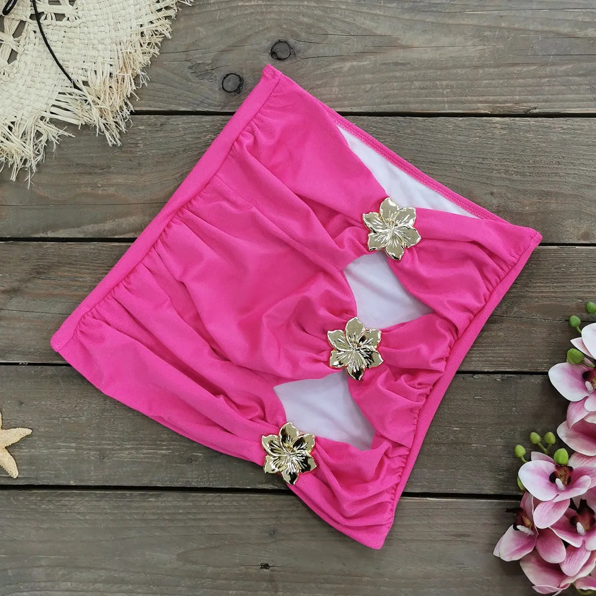 Women's solid colour one-piece swimsuit with matching short skirt, high-waisted design with hollow-out tube top