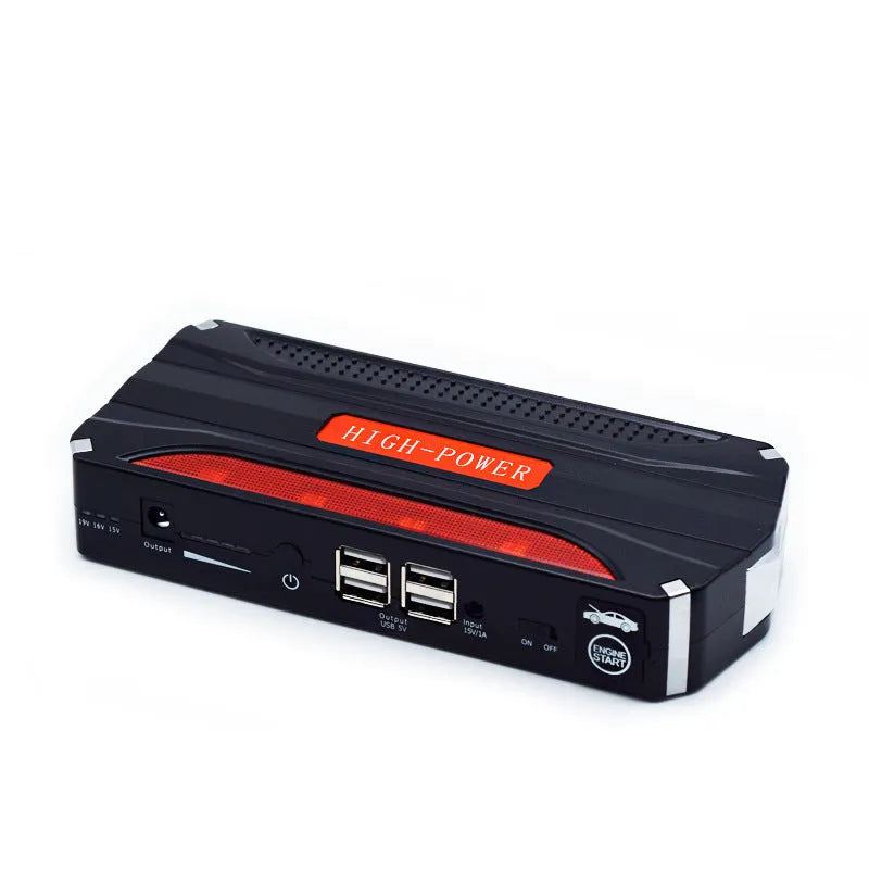 Black red vehicle emergency starting power supply measuring 178x80x30mm with 7800mAh capacity