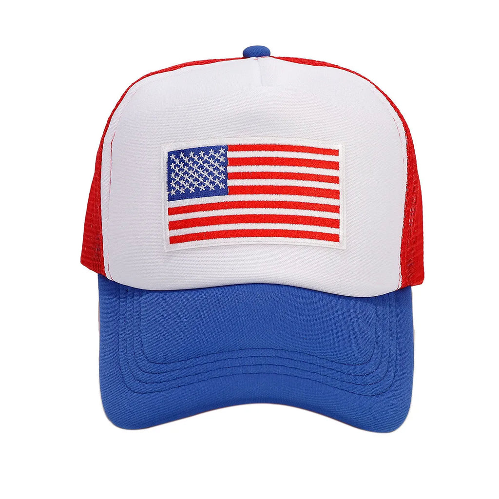 Red and blue contrast colour baseball cap with mesh fabric and adjustable strap
