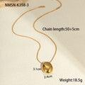 Gold geometric pendant necklace on a model, showing the adjustable chain length.