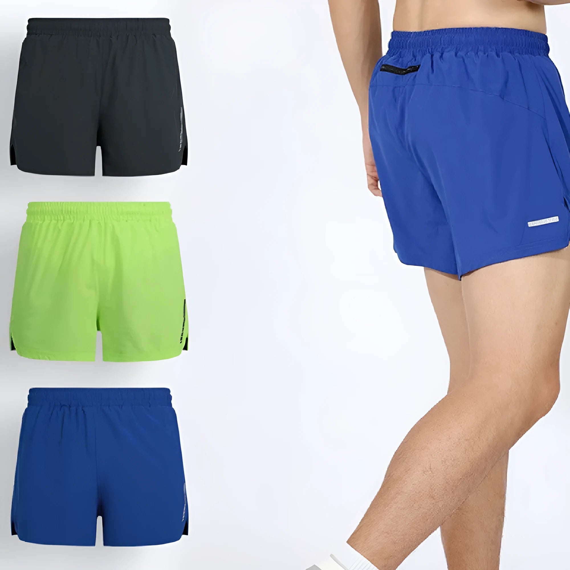 Men's quick-dry running shorts in grey, black, fluorescent green, and blue colours