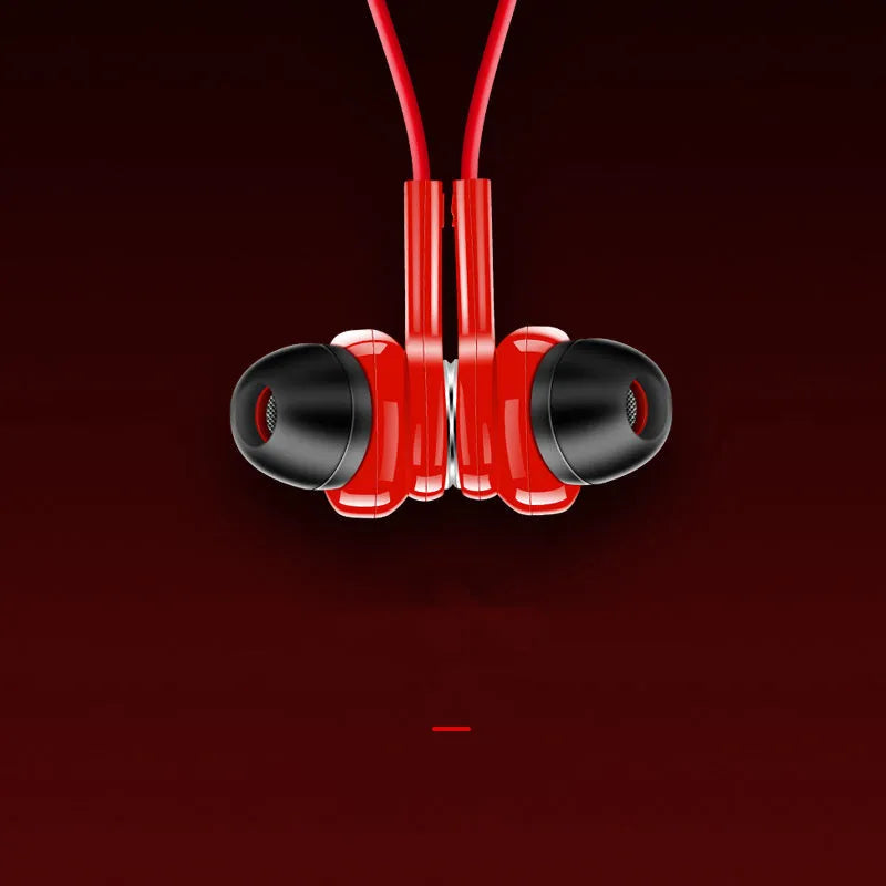 Neckband sports Bluetooth earphones in black, red or white colours showing ear tips and USB charging cable