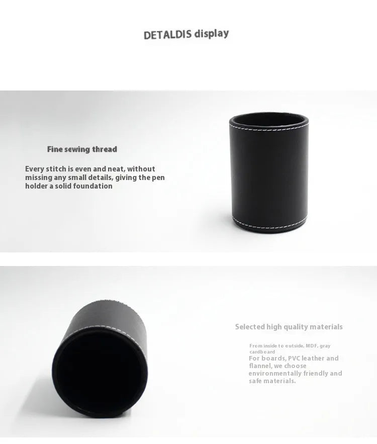 Round black leather pen holder showing cylindrical shape for desk organisation