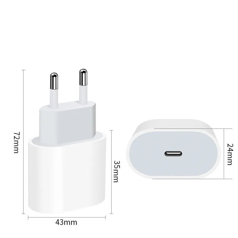 White PD20W mobile phone charger with USB port and choice of European or US plug.