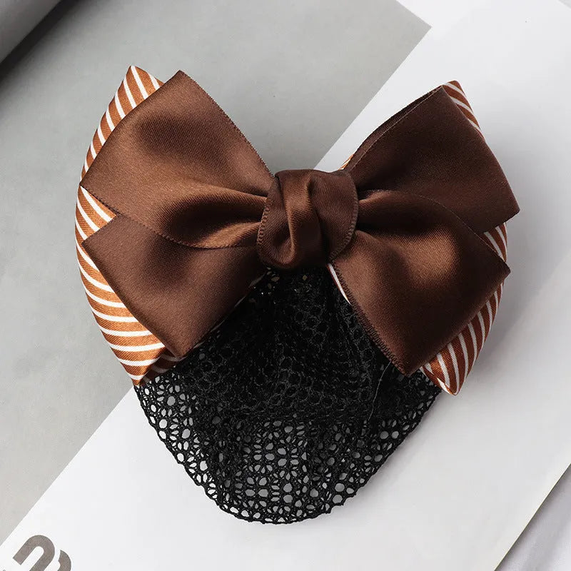 Professional waitress hair net with double bow clip in various colours including black, red, and blue mesh