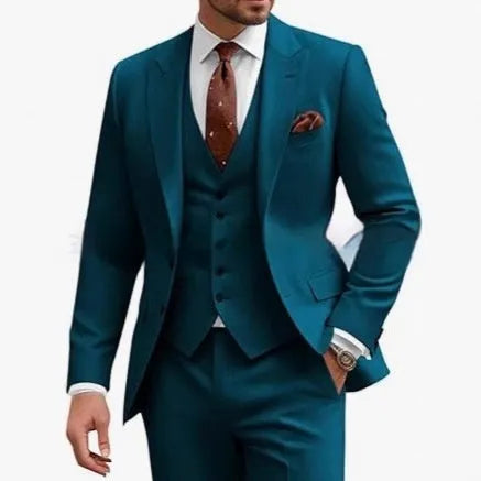 Men's slim fit three-piece suit in a bright red colour, featuring a jacket, waistcoat, and trousers.