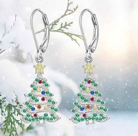 Women's Christmas tree earring pendant with star elements in white gold colour