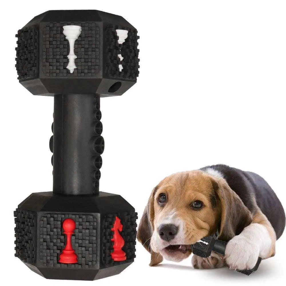 Blue rubber dog chew toy shaped like a dumbbell with a textured surface.