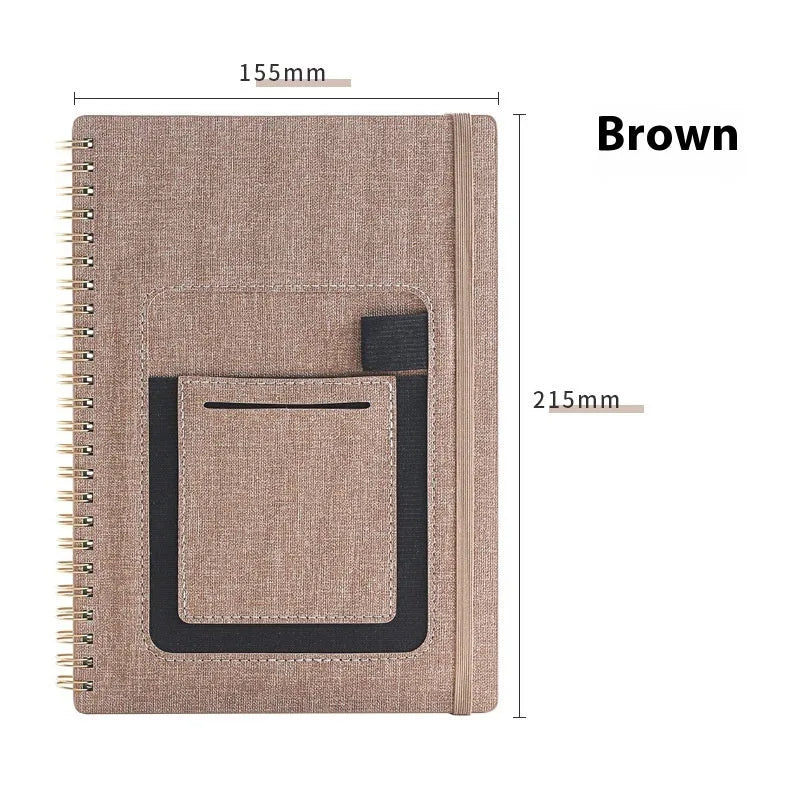 Erasable spiral notebook with stone paper in choice of cover colours, featuring optional pockets or sticky notes