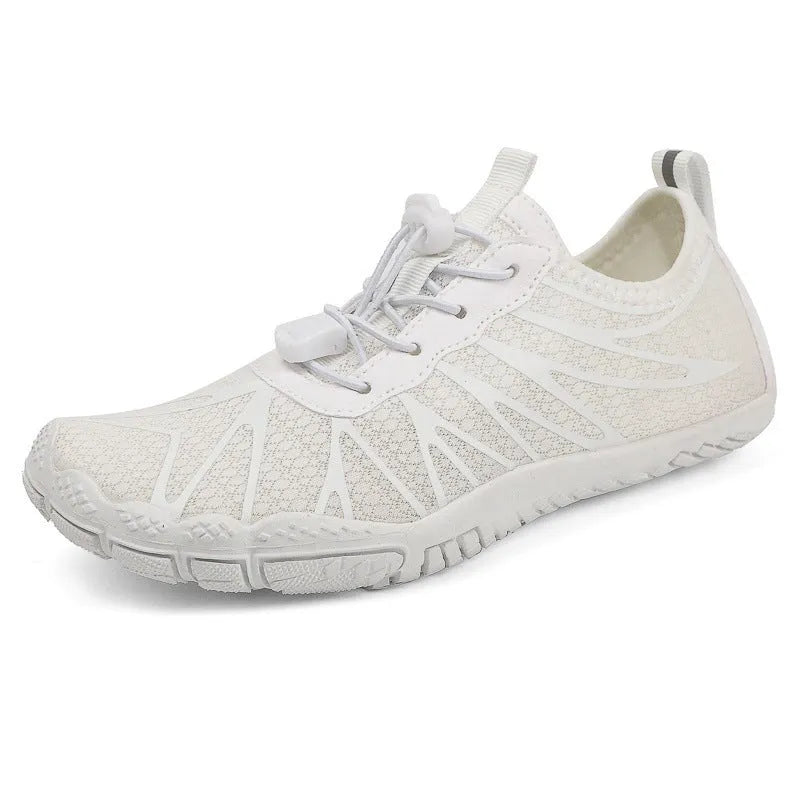 Low-top casual sports running shoe in colour option, showing front lace-up and textured natural rubber outsole.