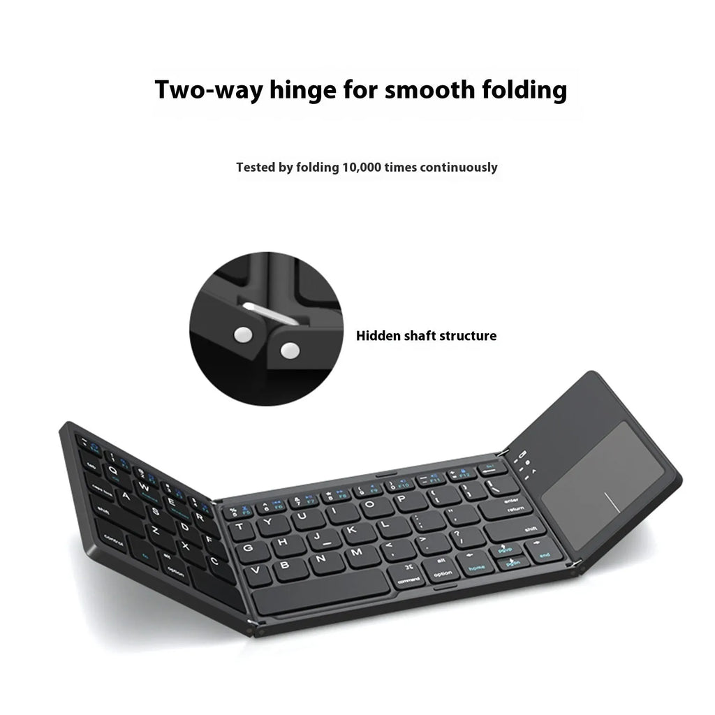 Tri-fold Bluetooth keyboard shown in black and silver colours with thin 0.8cm profile