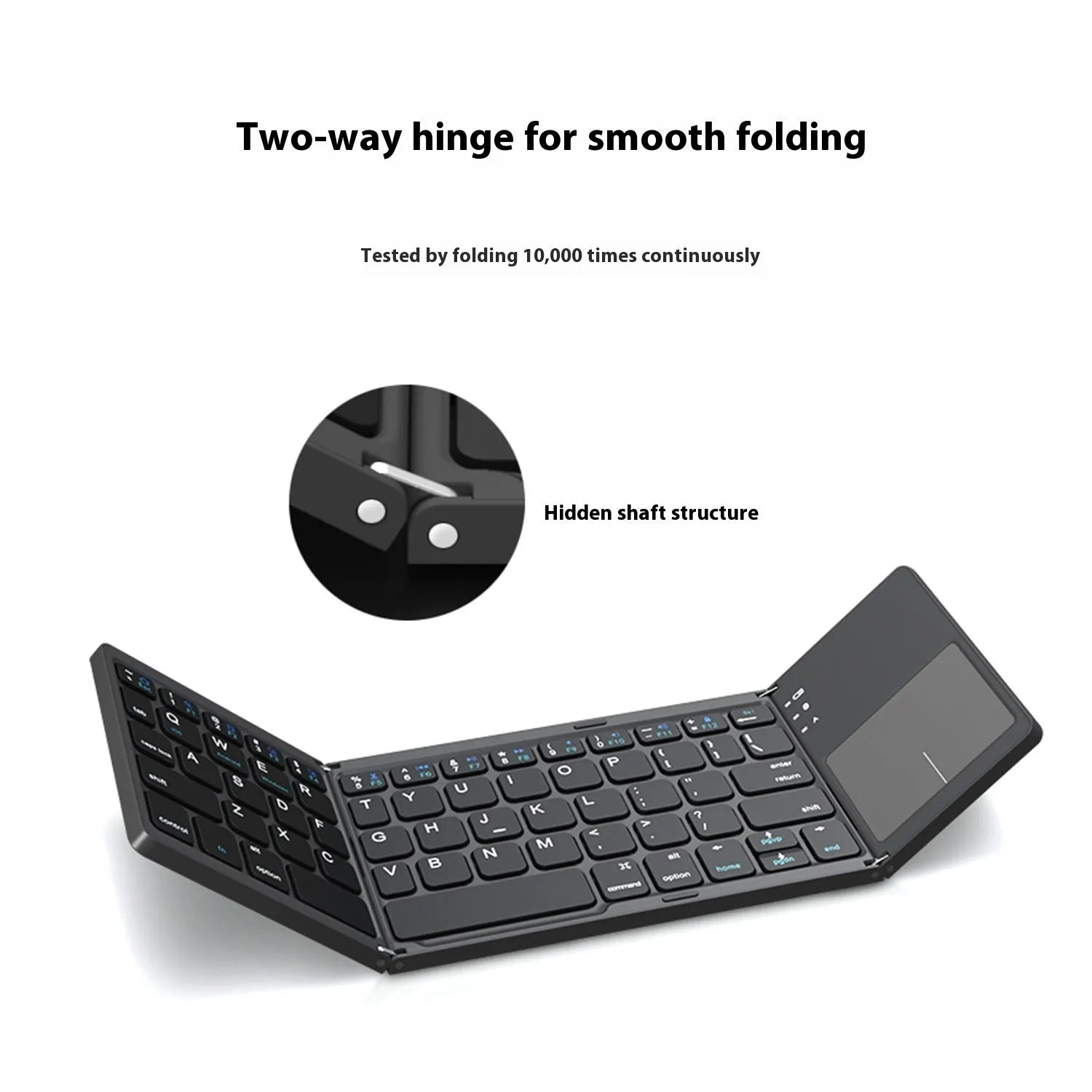 Tri-fold Bluetooth keyboard shown in black and silver colours with thin 0.8cm profile