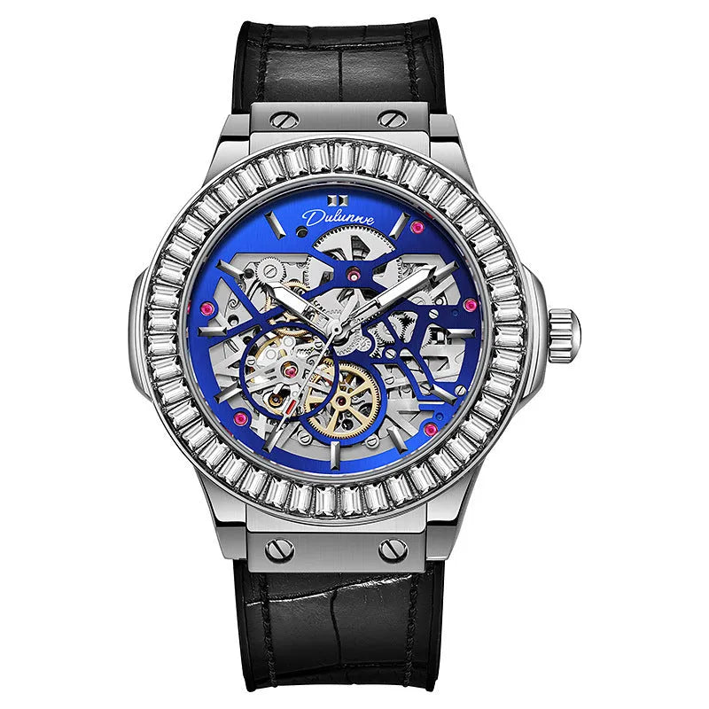 Automatic mechanical men's watch with hollow movement and diamond studding on white shell case