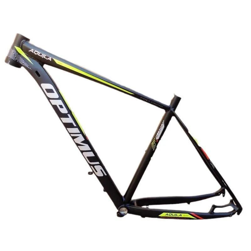 Black green 29-inch aluminium mountain bike frame with disc brake mount and internal cable routing ports.