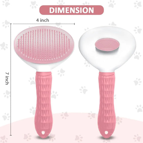 Cat grooming brush with release button in blue, grey, or pink with fine wire bristles