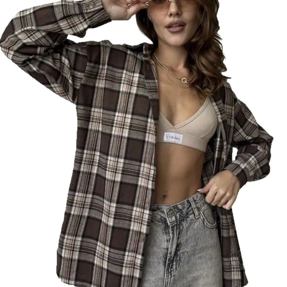 Dark brown retro striped women's cotton long sleeve shirt on hanger