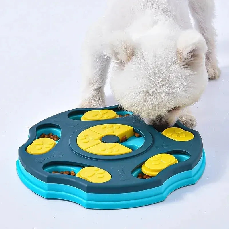 Blue and pink dog puzzle feeder toy with food compartments for interactive play and slow feeding