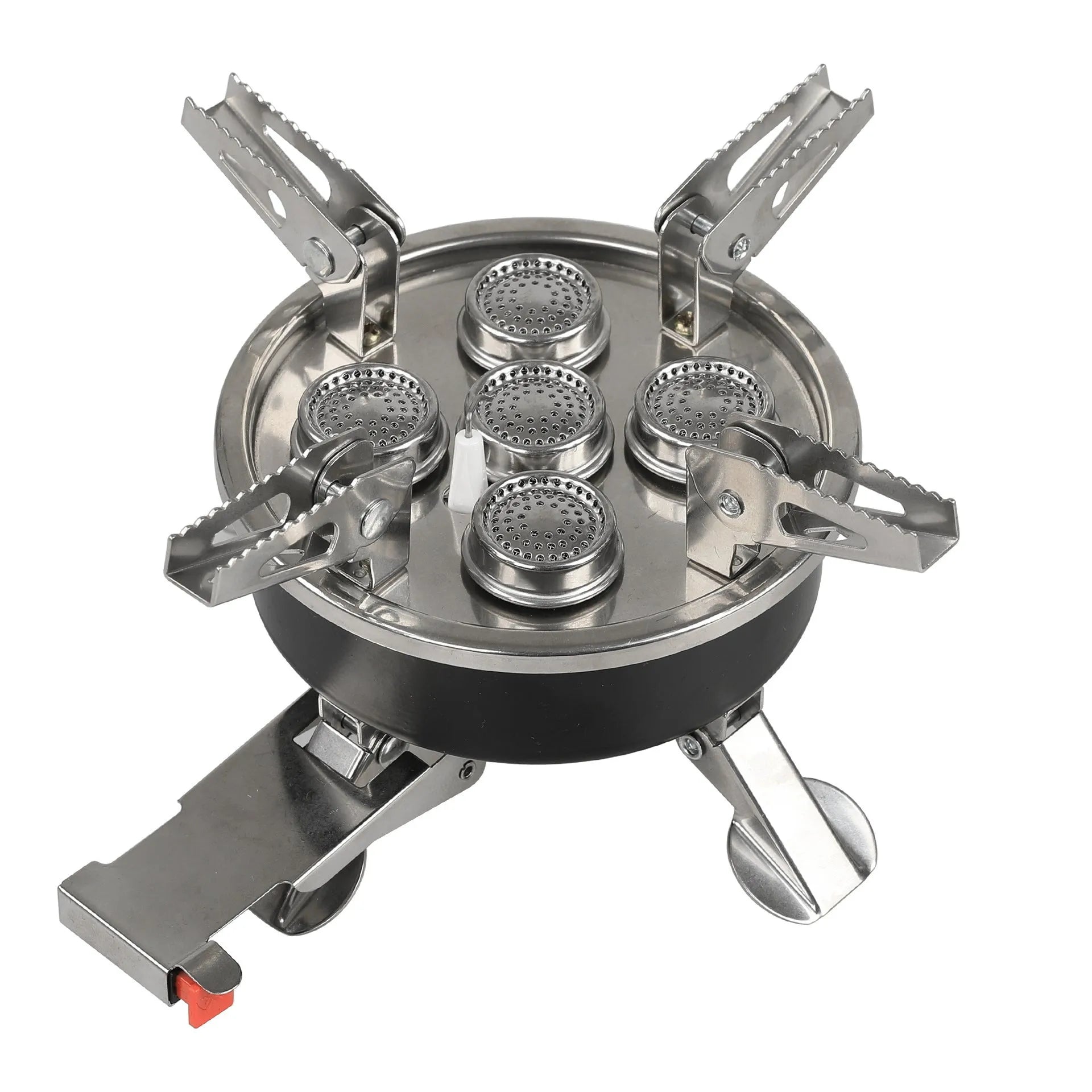 Silver portable split camping stove with extended hose shown folded and unfolded for outdoor cooking