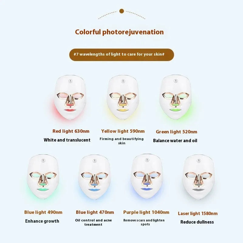 Rechargeable manual touch LED beauty mask in white golden edge colour with adjustable strap.
