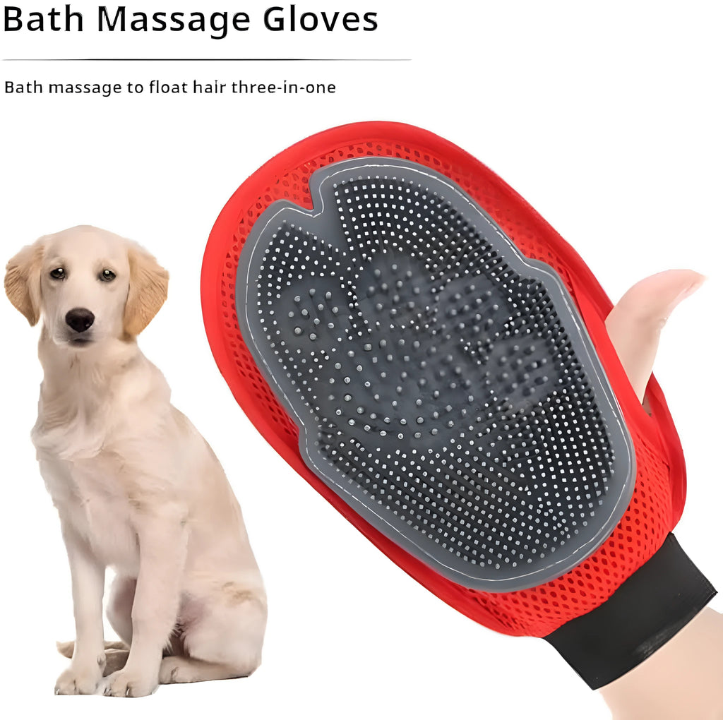Red pet bathing glove with integrated brush for gentle grooming during wash time