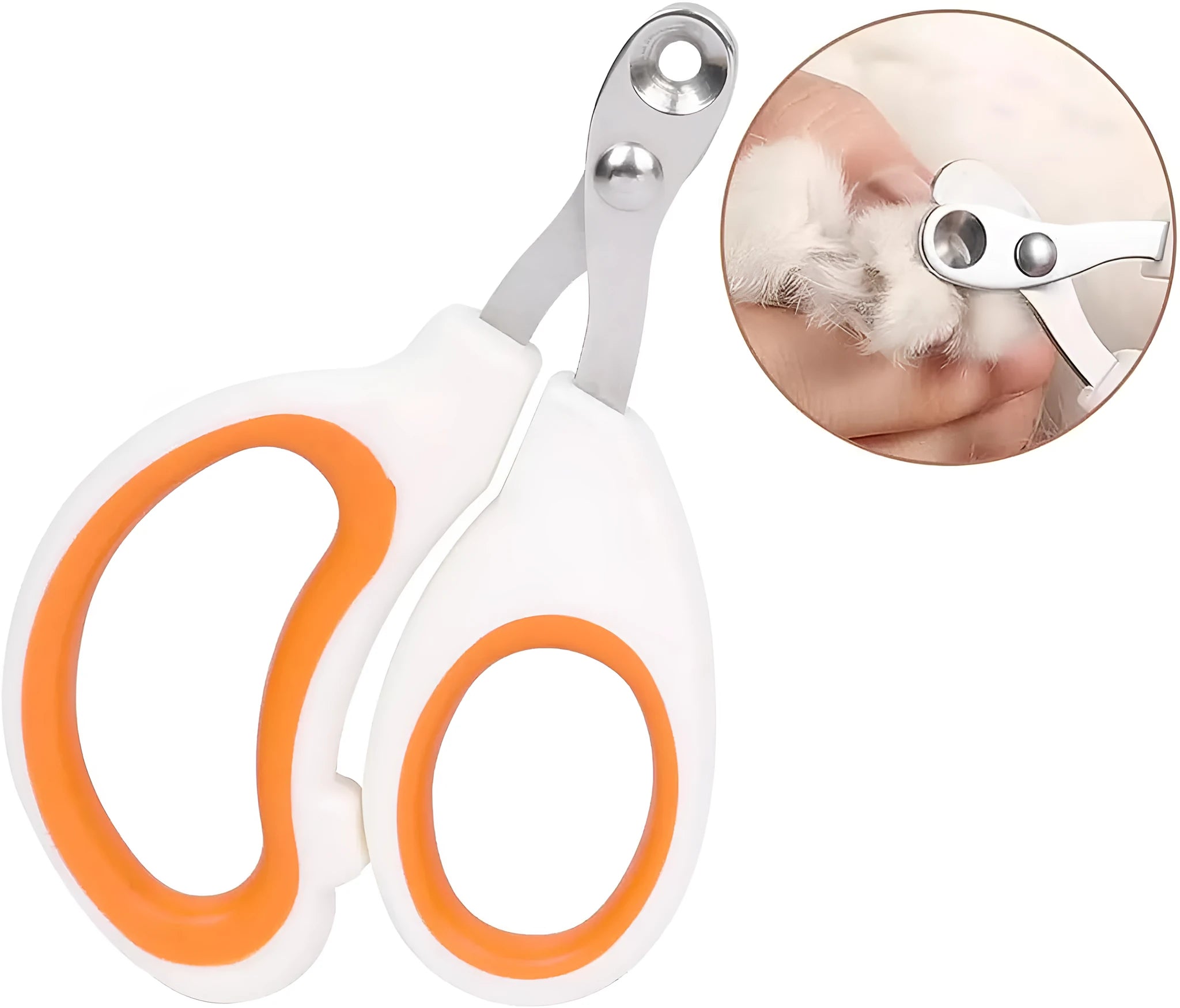 Blue pet nail clippers with circular cutting hole and cushioned non-slip handles on a white background.