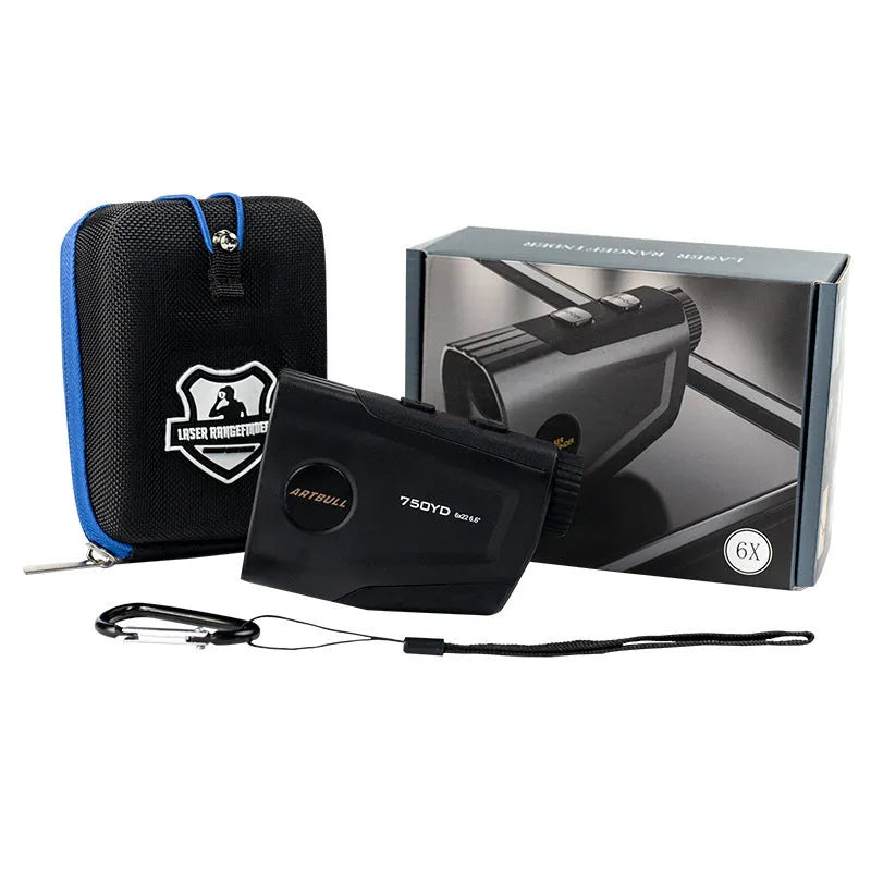 Rechargeable golf laser rangefinder with 6X magnification and LCD display showing 750 yard range capability