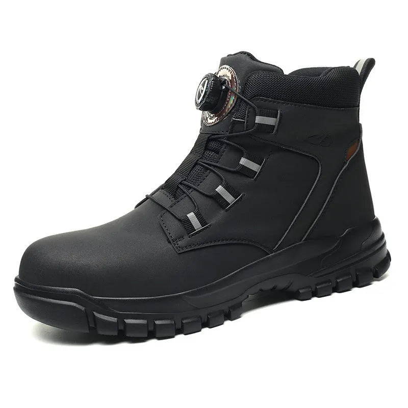 Leather safety work boots with rubber soles in black, yellow, and grey colour options.