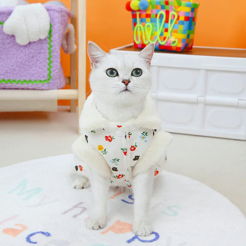 Autumn winter pet cat clothing in pink made with broken card printing fabric cotton and cotton velvet