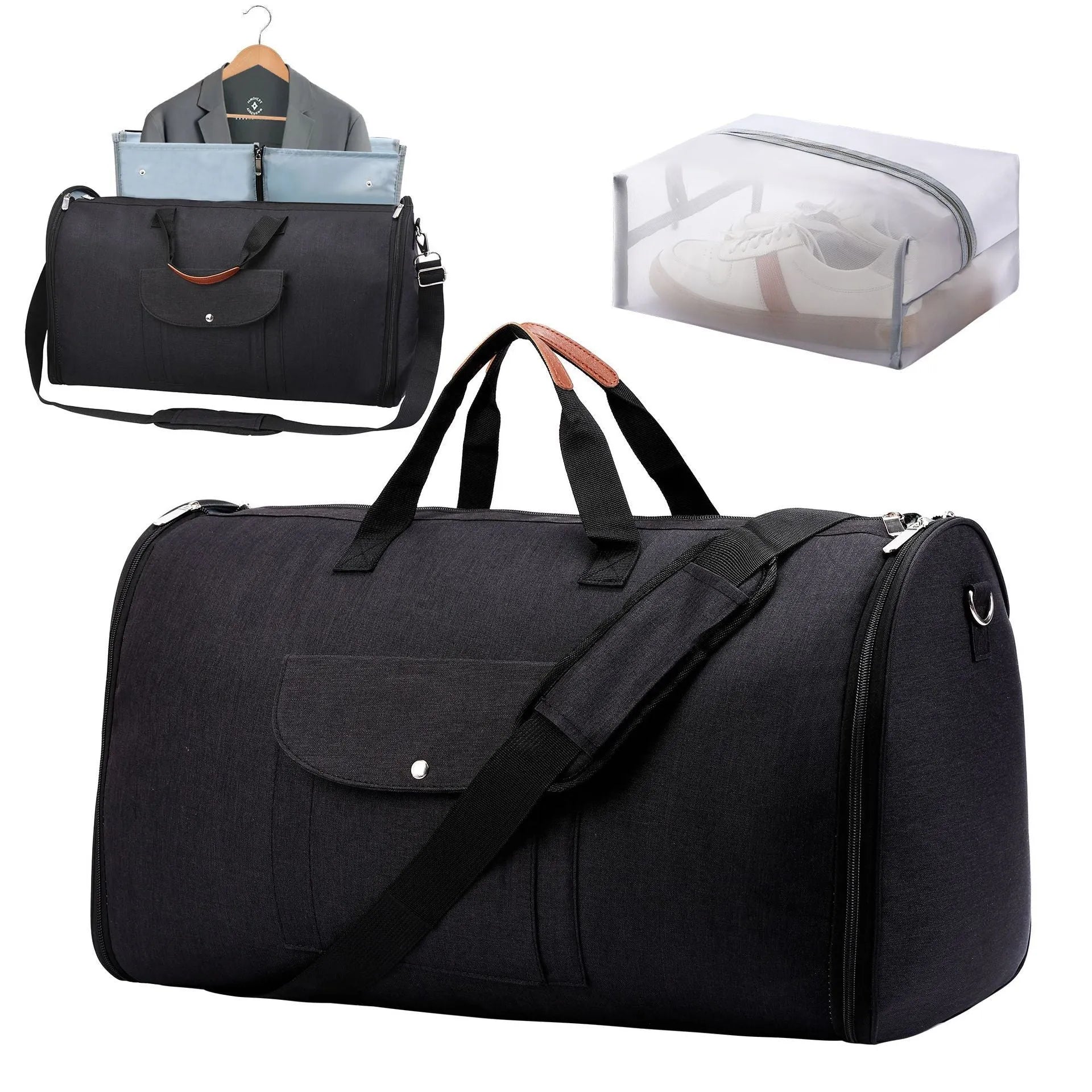 Folding duffel bag in Oxford cloth, shown in dark blue, with a 36-55 litre capacity for travel and gym use.