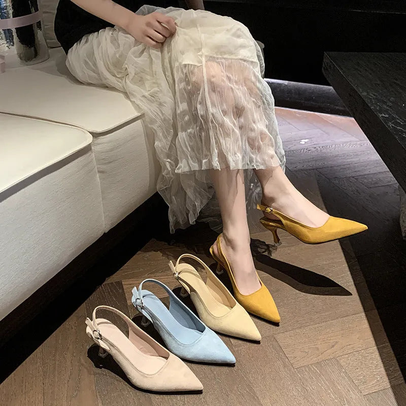 Women's stiletto heels with pointed toe in pink, blue, yellow, and apricot colours