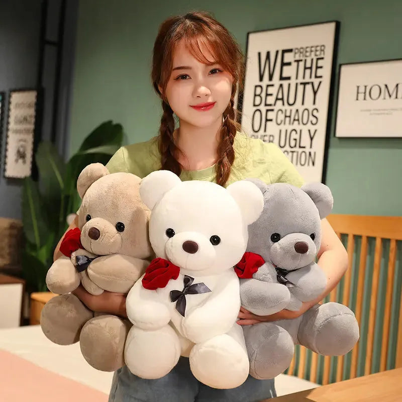 Rose bear plush stuffed animal doll in beige, brown or grey with cartoon design
